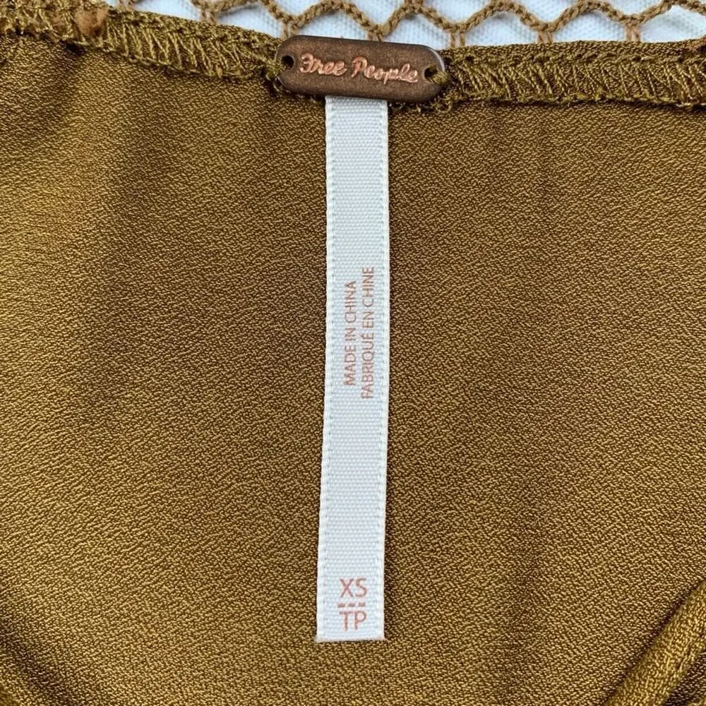 Free People Fairy Grunge Blouse XS Brown Gingersnap Lace Up Balloon Sleeve Top
